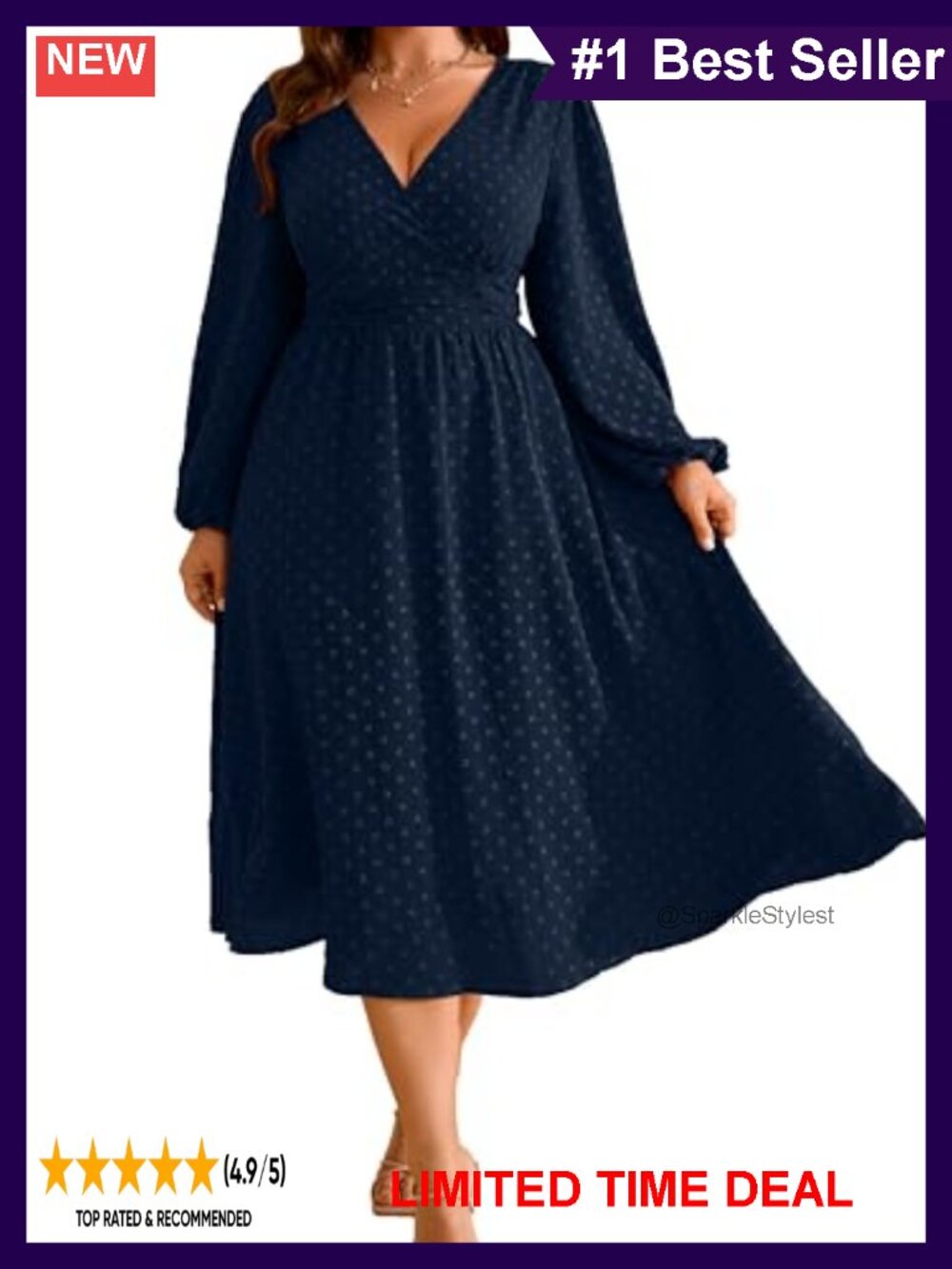 Plus Size Swiss Dot Maxi Dress V Neck Lantern Sleeve Wedding Guest